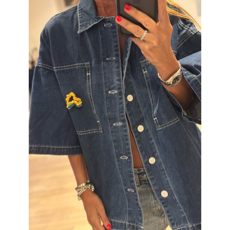 Veste jeans flower foncée